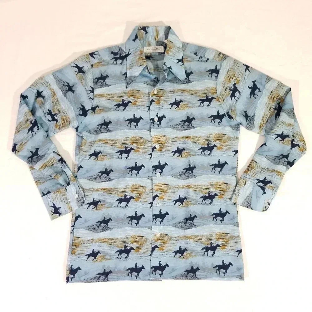 VTG 1980's CHRISTIAN DIOR Paris Horseback Riders All Over Print Silk Shirt Men M